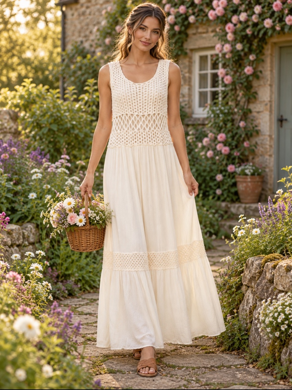 Cato Ivory Crochet Boho Tiered Maxi Dress Size Large